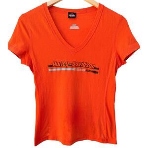 Harley Davidson Womens V Neck T Shirt Small Orange Graphic Logo
